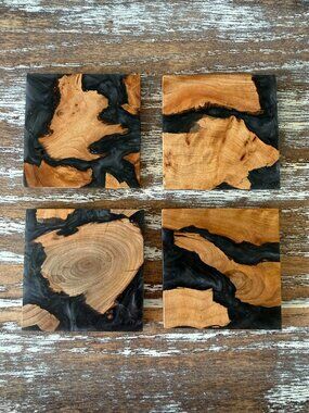 Square Gray Black Resin River Wood Drink Coasters Set of 4 Housewarming Gift